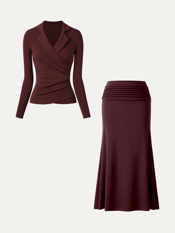 OGLmove 2Pcs Set Collared Surplice Top & Mid-Rise Ruched Flared Midi Skirt
