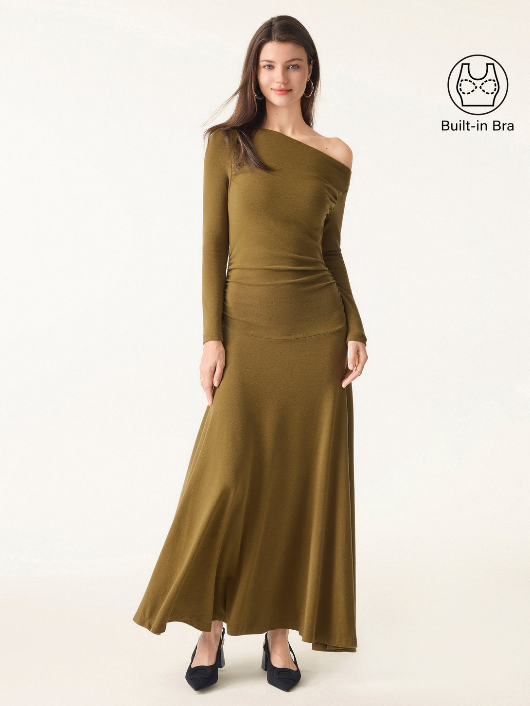 Asymmetrical Shoulder Side Ruched Ankled Maxi Dress