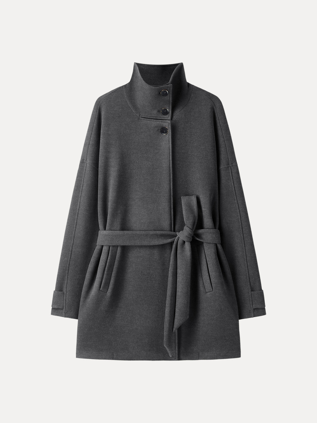 FuzzLuxe Classy Stand Collar Belted Coat Heather Black XS