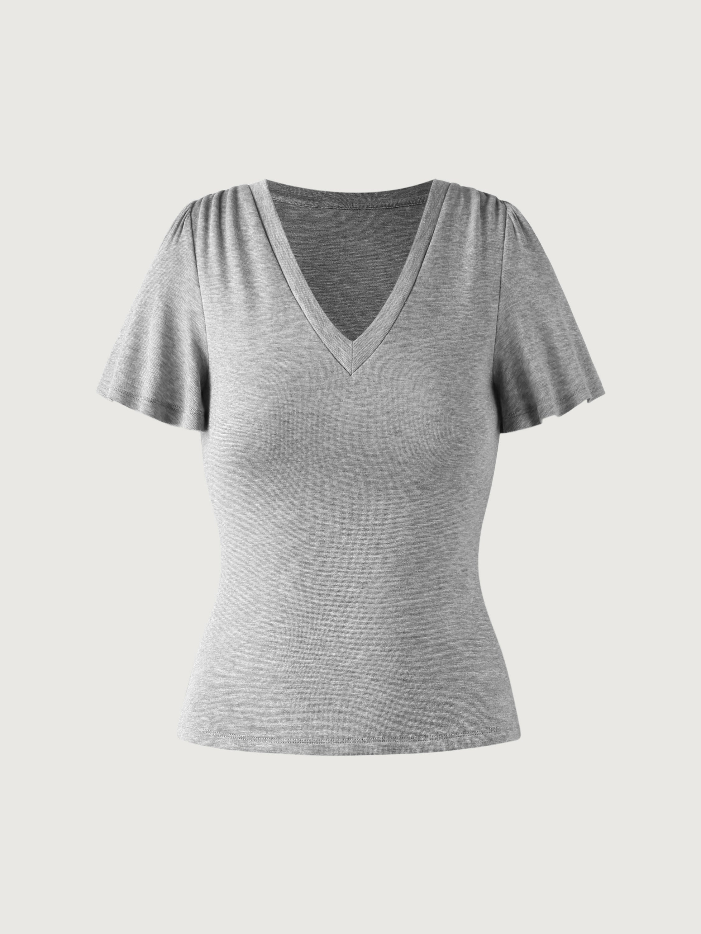 Tencel Wool V-Neck Ruffle Sleeve Tee - Heather Grey