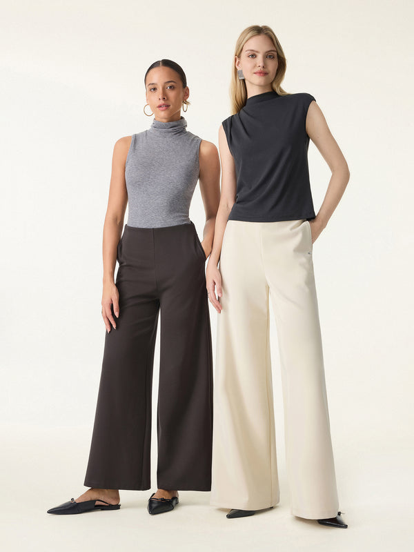 Stretch Cotton Blend Mid Rise Wide Leg Pants with Pockets