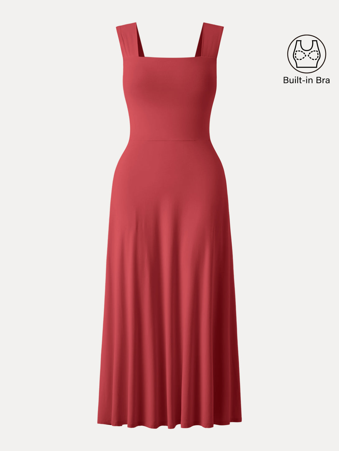 Flowy Square Neck Wide Straps Midi Brami Dress with Pockets Red XS