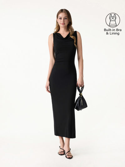 OGLmoveMatte Smooth Cowl Neck Ruched Midi Bra Dress Black XS