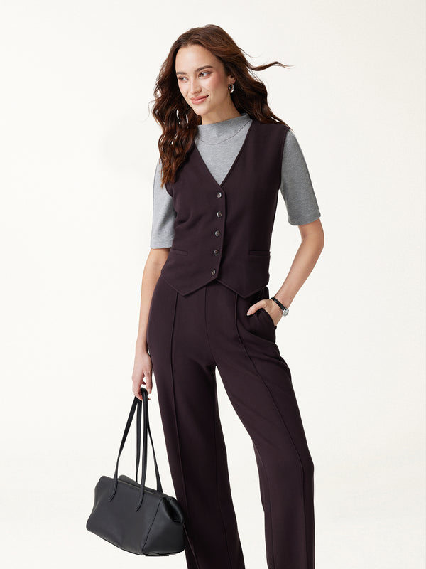 OGLmove 2Pcs Set Petite-Friendly Sleeveless Cropped Vest & Mid-Rise Pintuck Pants with Pockets Purple Gloam XXS