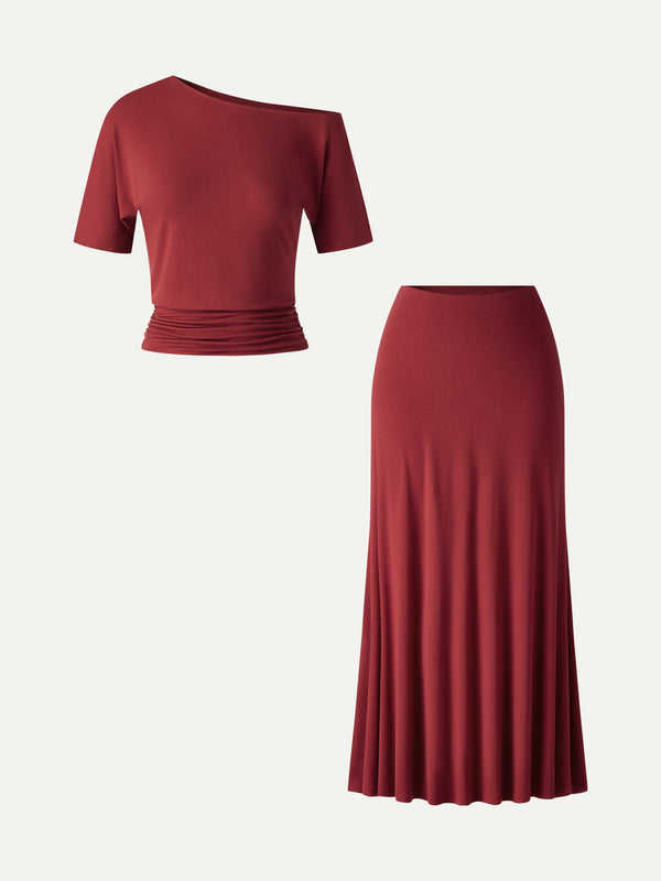 OGLmove 2Pcs Set CoolTouch Short Sleeve Top & Maxi Flared Skirt