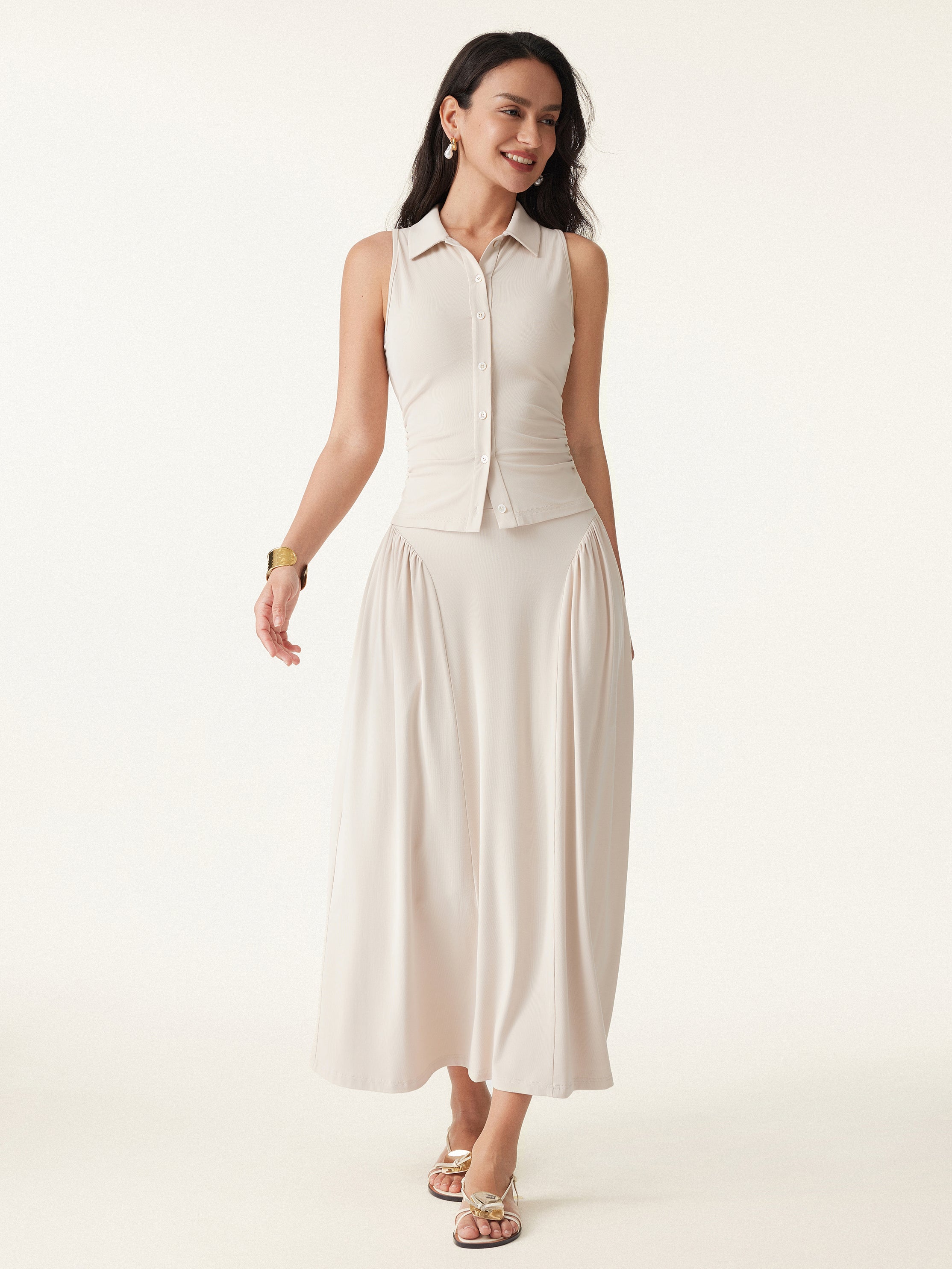 Ogl Curved Gathering Flared Midi Skirt with Pockets – OGLmove Ogl Curved Gathering Flared Midi Skirt with Pockets – OGLmove