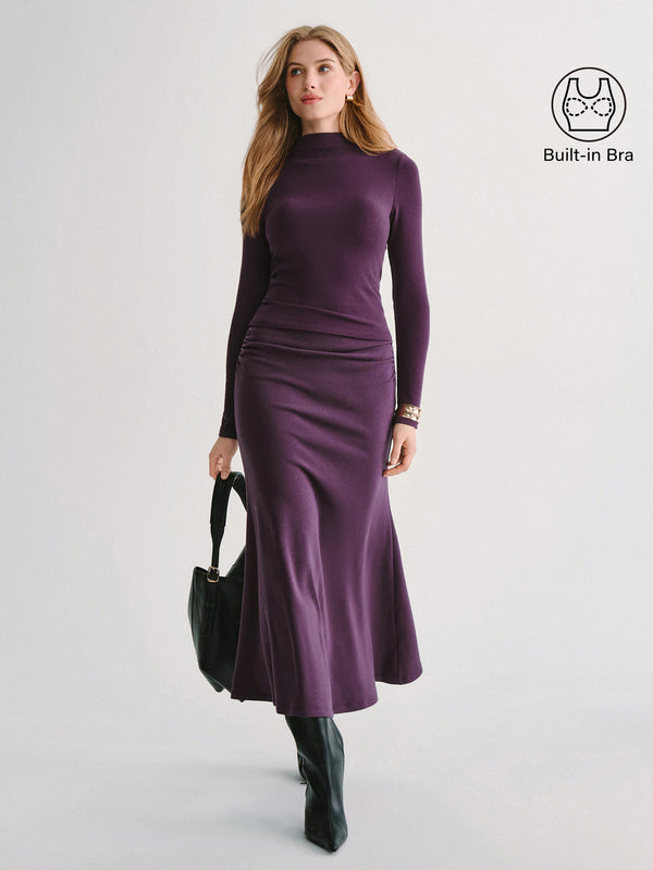 OGLmove 2Pcs Set ProWarm Mock Neck Long Sleeve Bra Top & Mid-Rise Ruched Flared Midi Skirt Deep Fig XXS