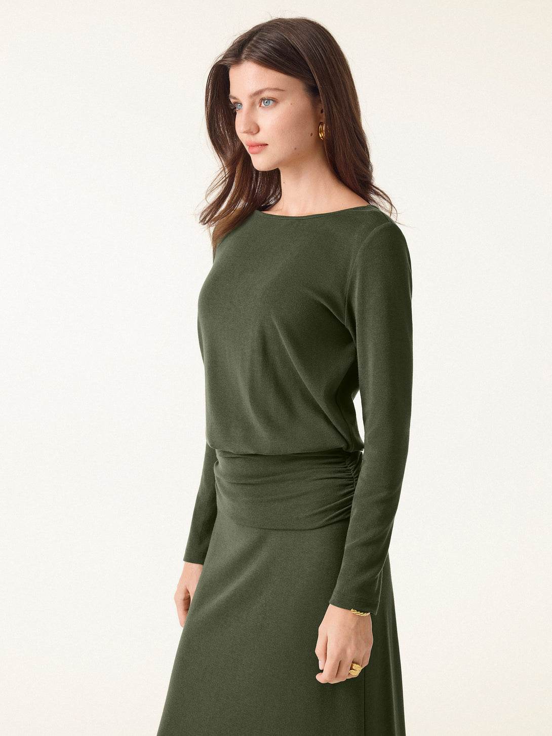 Light Warm Round Neck Side Ruched Top