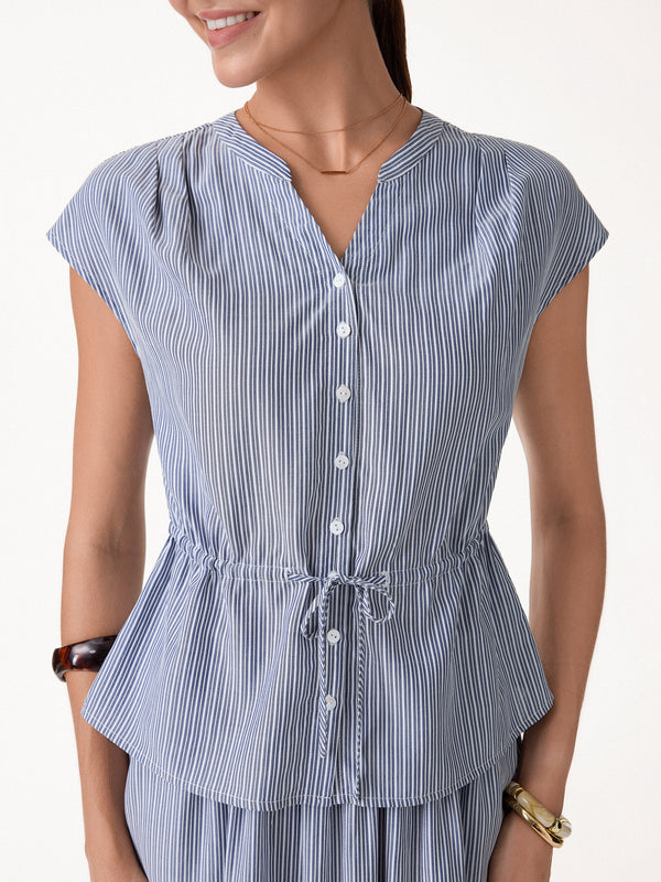 OGLmove Notched V-Neck Drawstring Waist Poplin Shirt