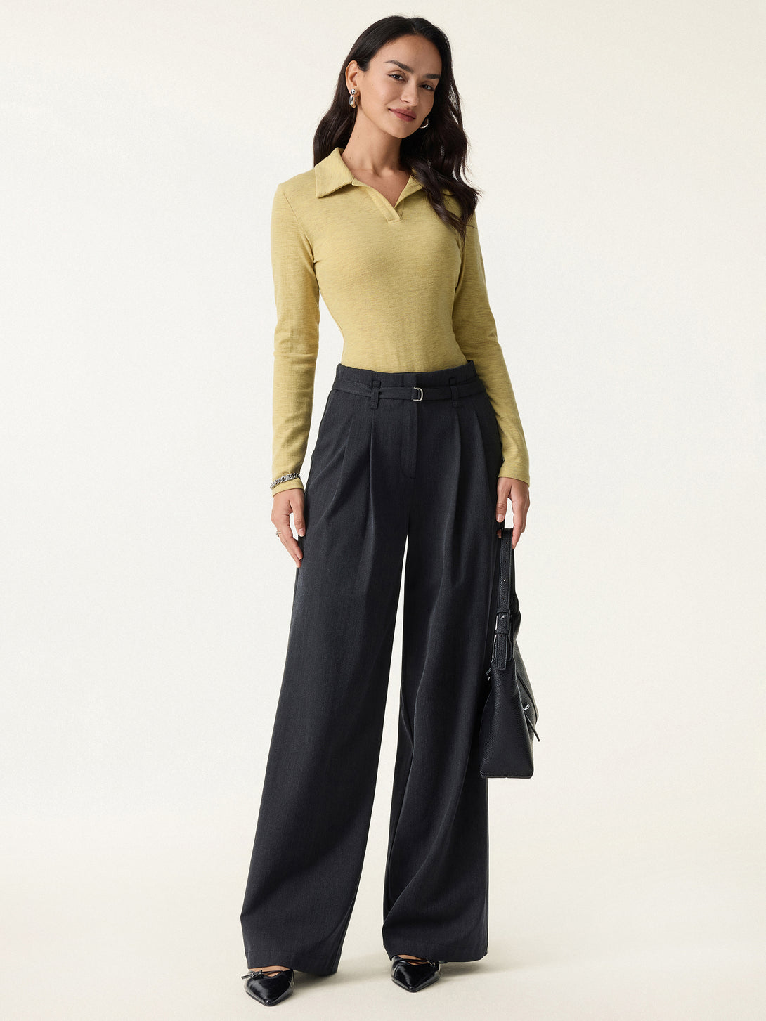 Heathered Wool Blend Polo Neck Long Sleeve Top