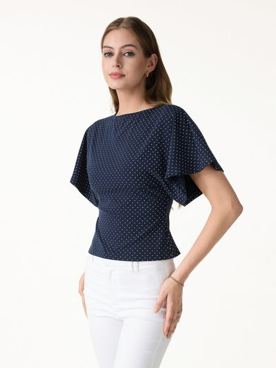 OGLmove Soft Stretch Cotton Boatneck Flutter Sleeves Polka Dot Top Limited Edition