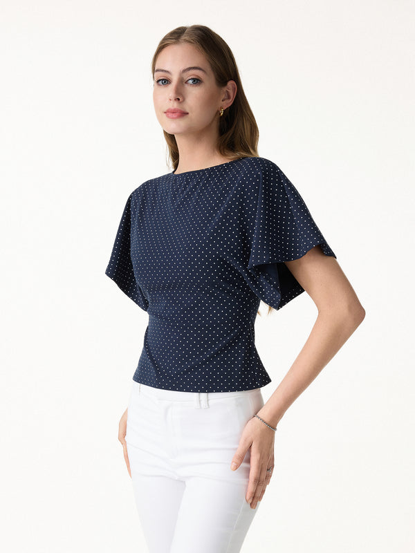 OGLmove Soft Stretch Cotton Boatneck Flutter Sleeves Polka Dot Top Limited Edition