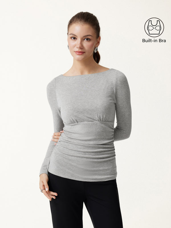 OGLmove LiteWarm Boatneck Long Sleeve Ruched Built-In Bra Top Heather Silver Grey XXS