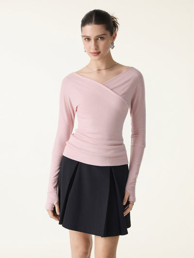 Lyocell Wool Surplice Long Sleeve Top with Thumbholes Light Pink XS