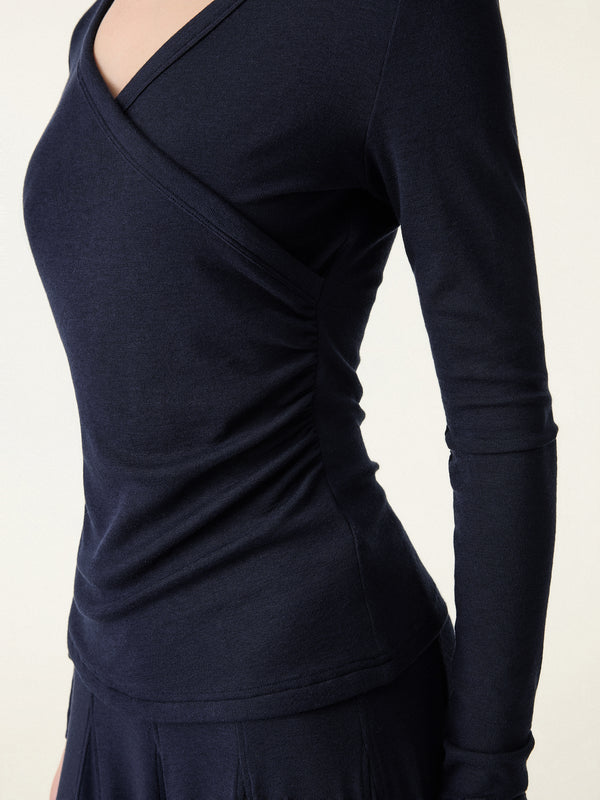 2Pcs Set Petite Godet Hem Pull-on Maxi Skirt & Surplice Ruched Long Sleeve