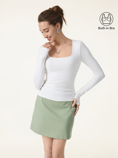 Cotton Viscose Square Neck Long Sleeve Brami with Thumbholes White XS