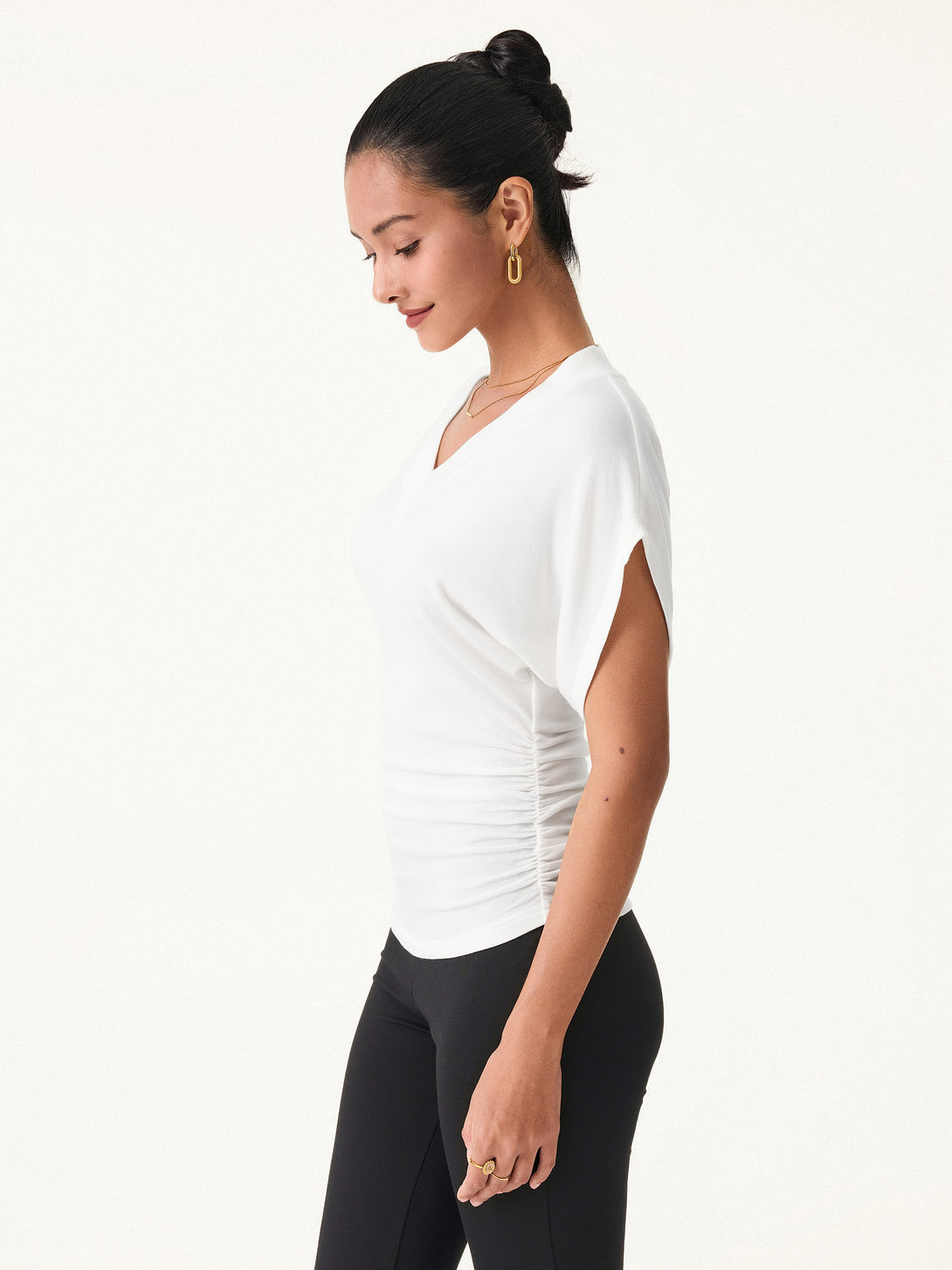 Semi-sheer Lyocell Cashmere Blend V-neck Short Sleeve Side Ruched Tee