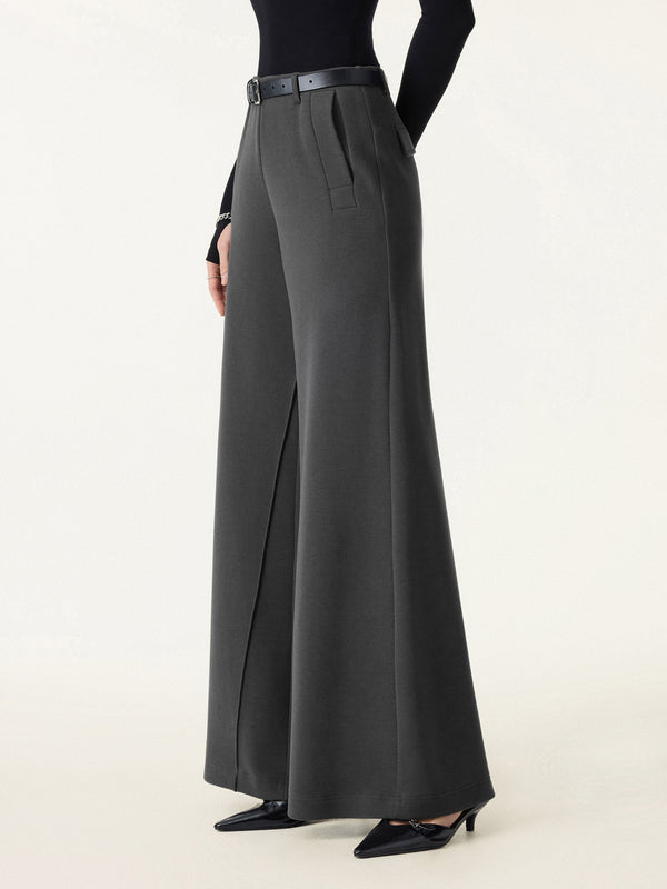 Tummy-Control Mid Rise Ultra-Wide Leg Pants with Pockets Deep Grey XS