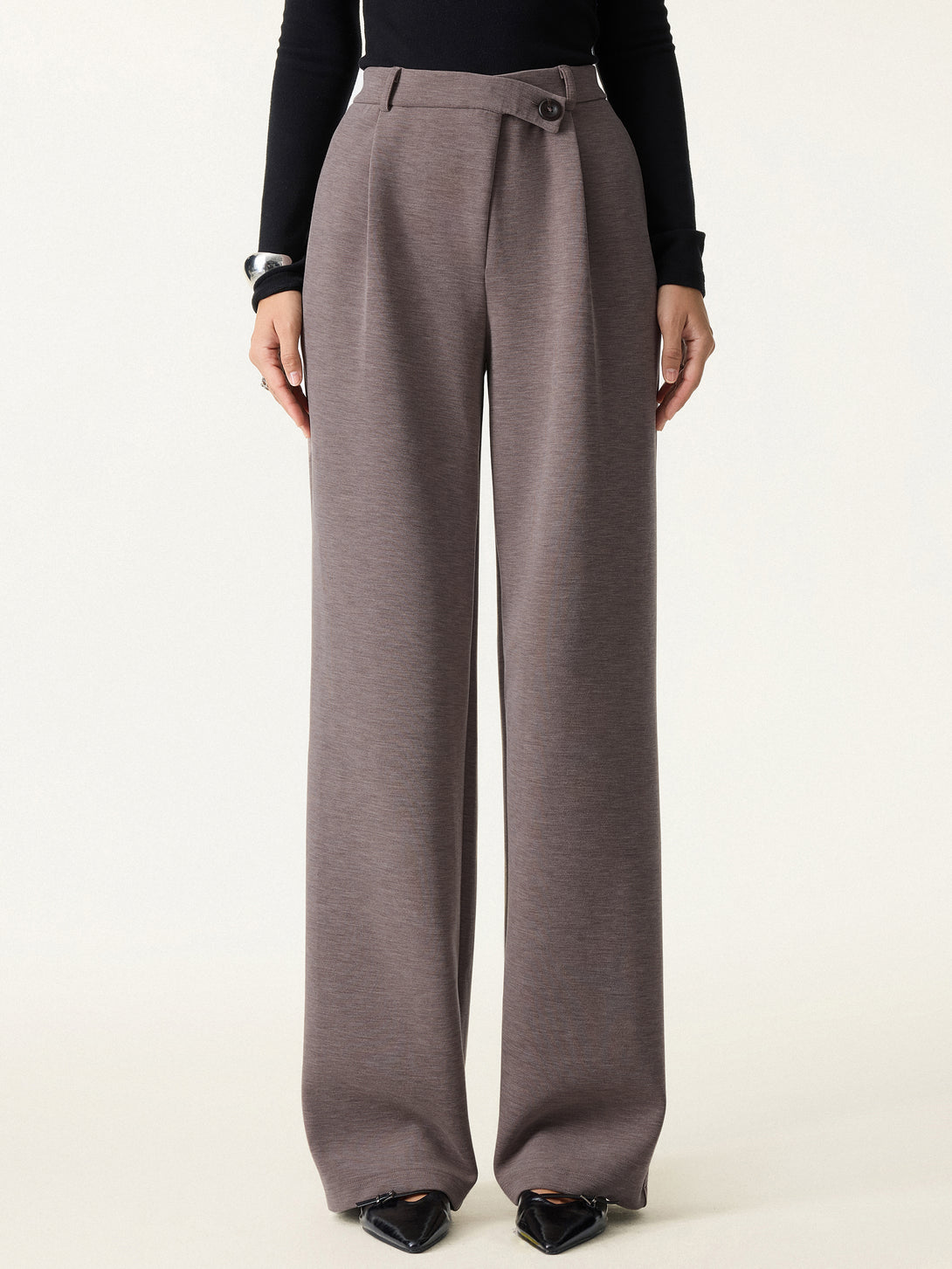 Cozy Warm High Rise Slanted Fly Front Wide Leg Pants