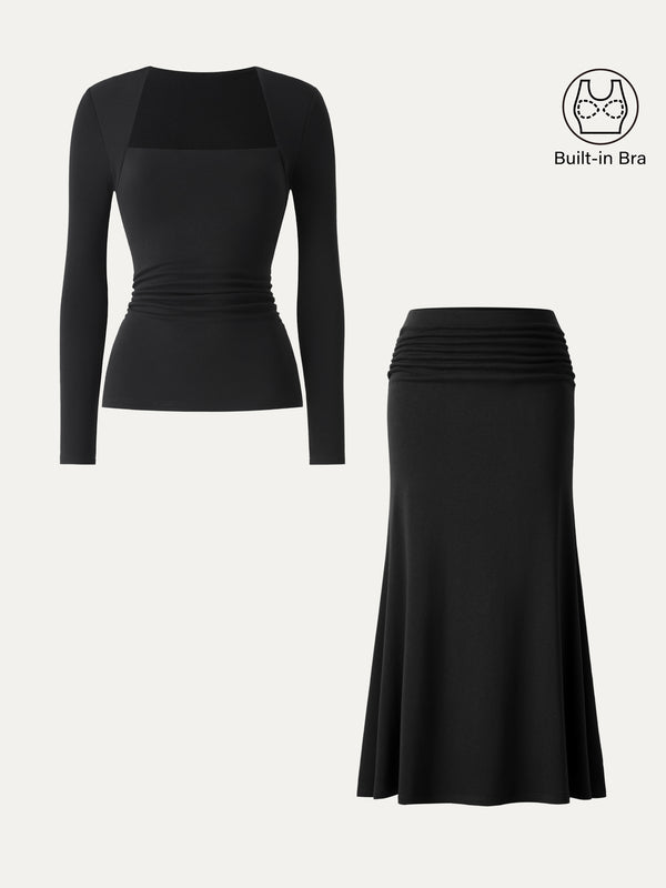 OGLmove 2Pcs Set Trapeze Neck Built-In Bra Top 2.0 & Mid-Rise Ruched Flared Midi Skirt