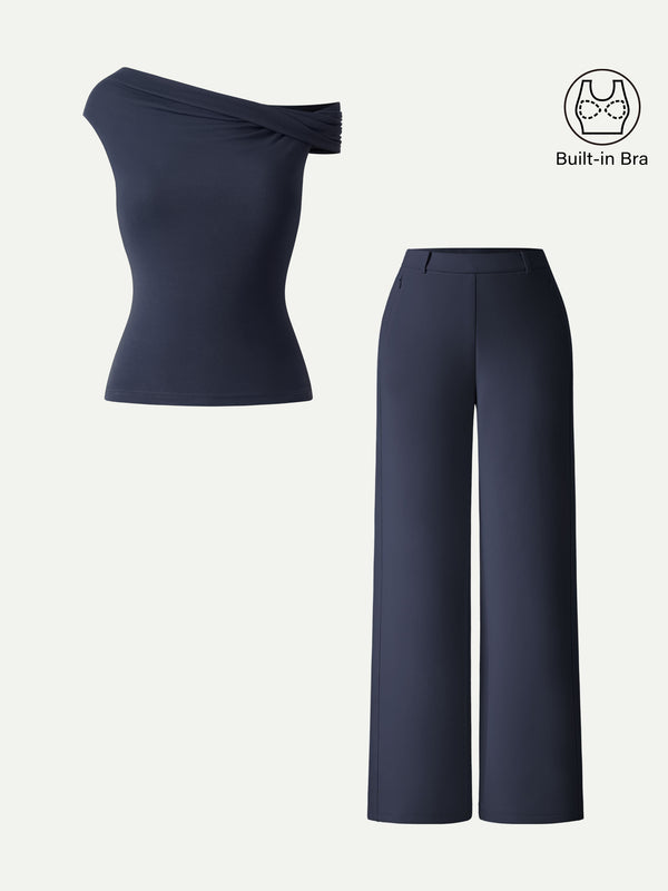 2Pcs Set Multi-wear Bra Top Slimming High Rise Wide Leg Pants