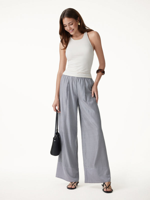 OGLmove Summer Poplin High-Rise Wide Leg Pants with Pockets Regular Grey/White Stripe