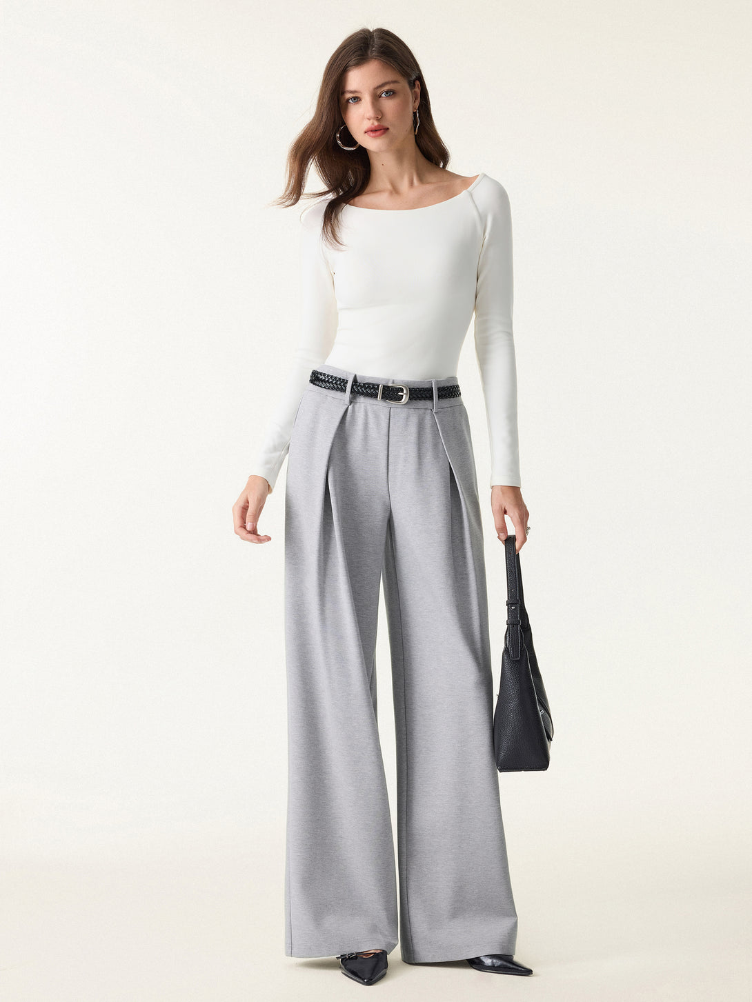 Wrinkle-Resistant Stretchy High Rise Wide Leg Pants with Pockets Regular Heather Silver