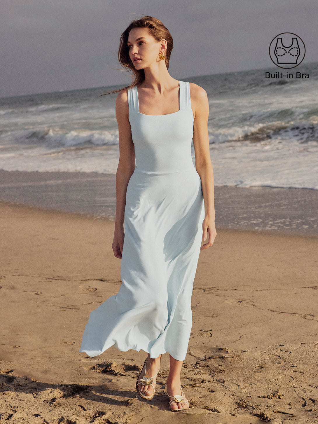 Flowy Square Neck Wide Straps Midi Brami Dress with Pockets