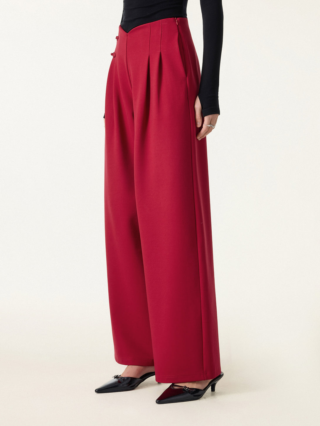 Statement Frog Button High Rise Wide Leg Pants with Pockets