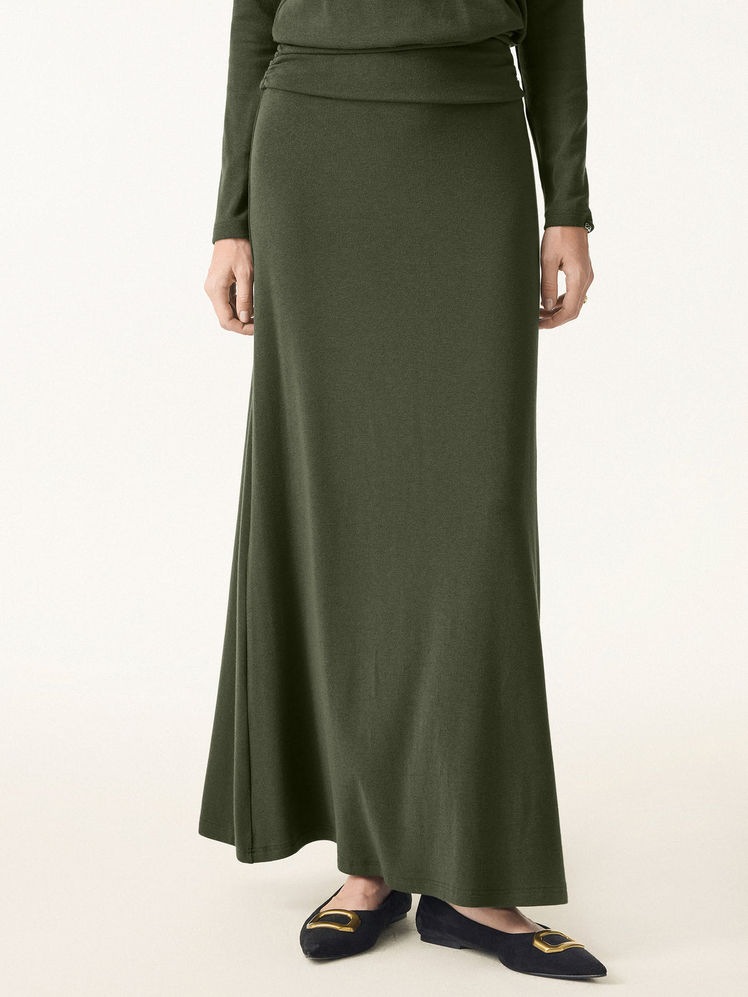 Light Warm Pull-on Circle Flared Maxi Skirt Deep Olive XS