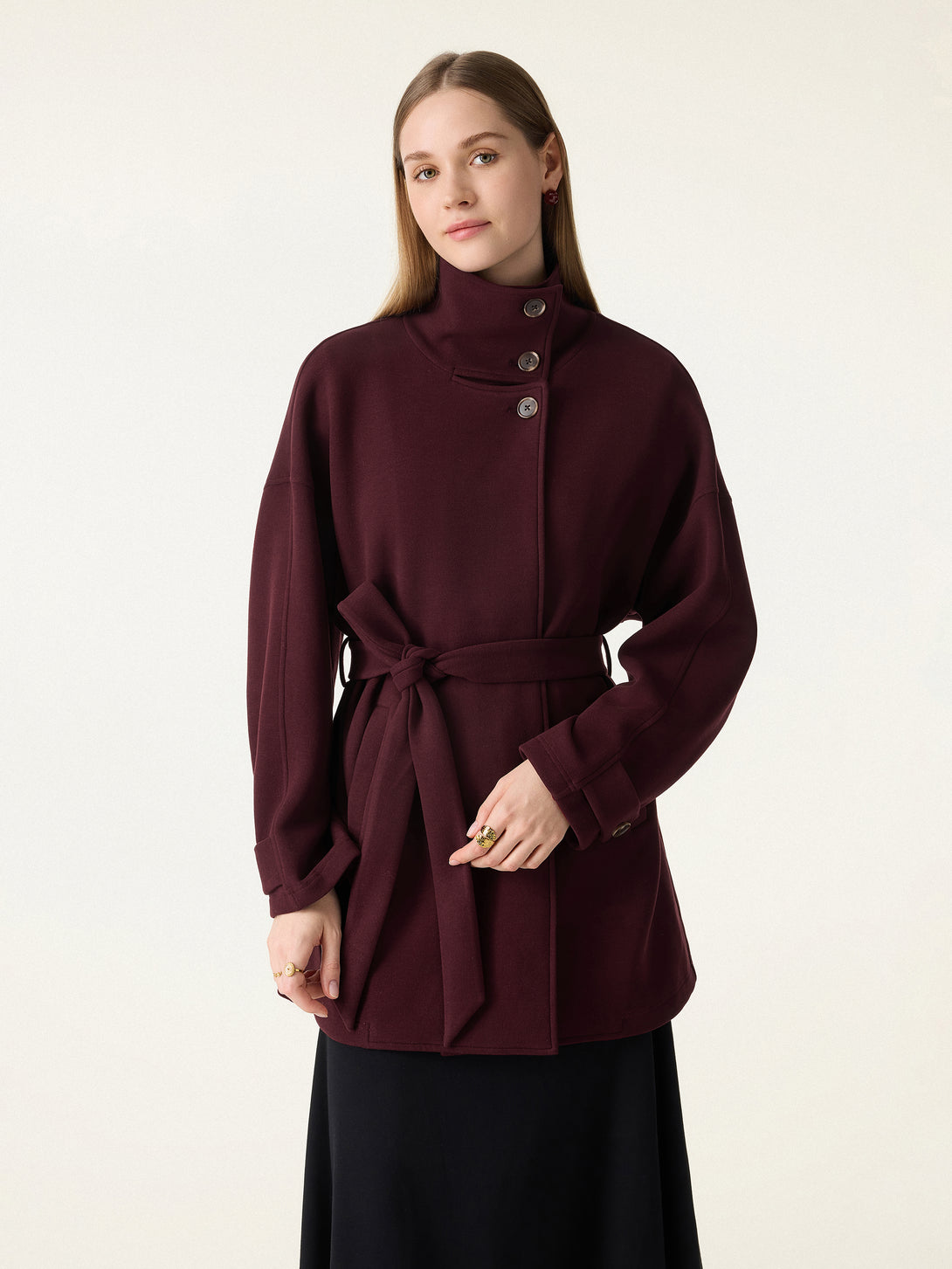 FuzzLuxe Classy Stand Collar Belted Coat
