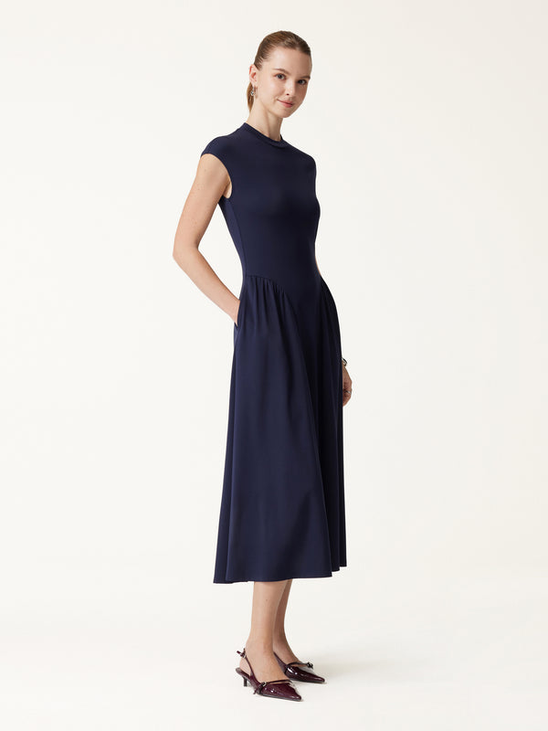 OGLmove Ponte Mock Neck Ruched A-Line Midi Dress with Pockets