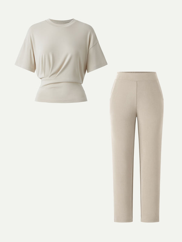 OGLmove 2Pcs Set Crewneck Tucked Tee & Mid Rise Tapered Pant with Pockets