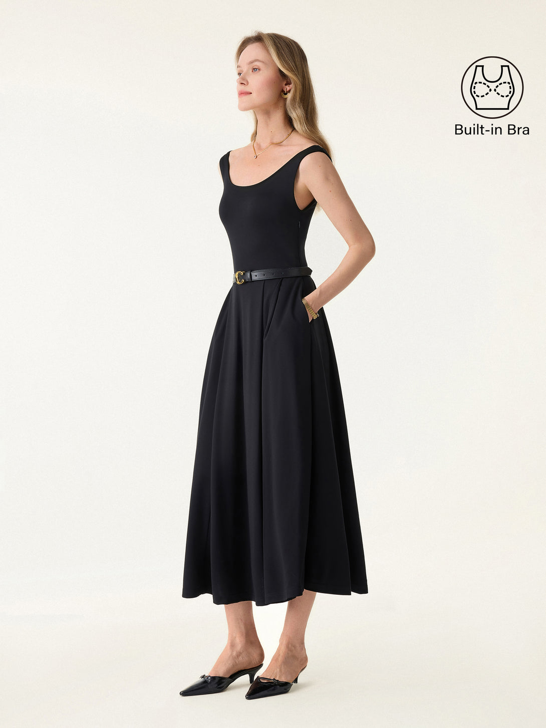 Balletic Scoop Neck Midi Brami Dress with Pockets