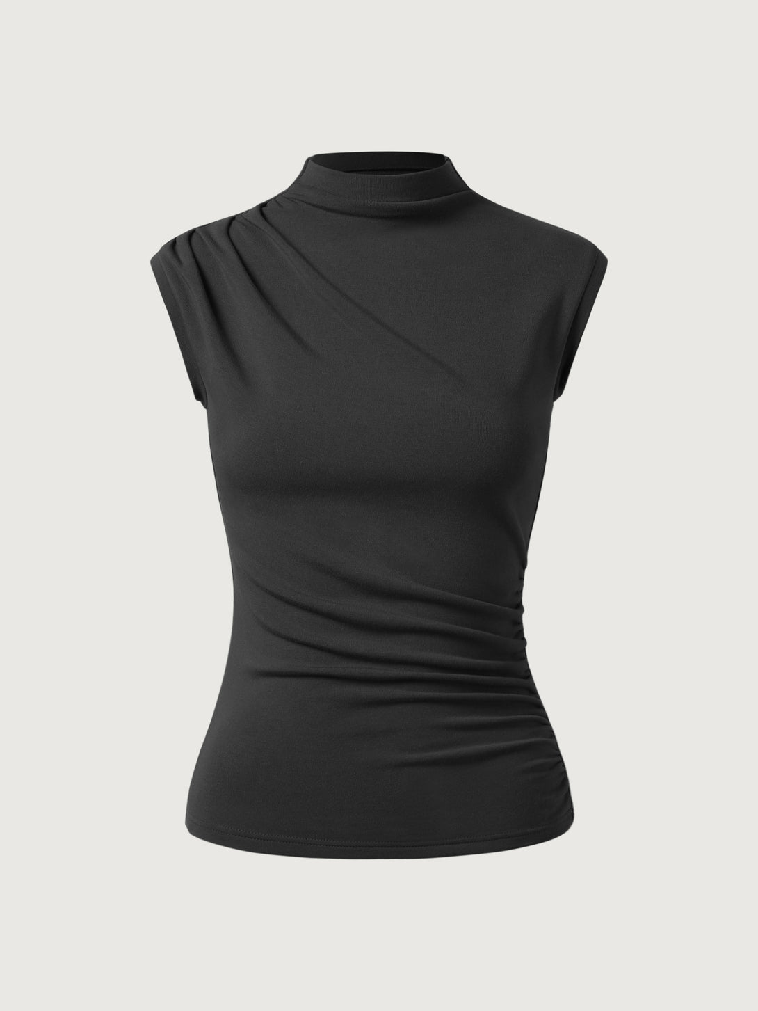 Asymmetrical Ruching Mockneck Tank Top Black XS