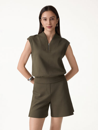 OGLmove Air Cotton Quarter-Zip Banded Hem Travel Top Forest Olive Green XXS