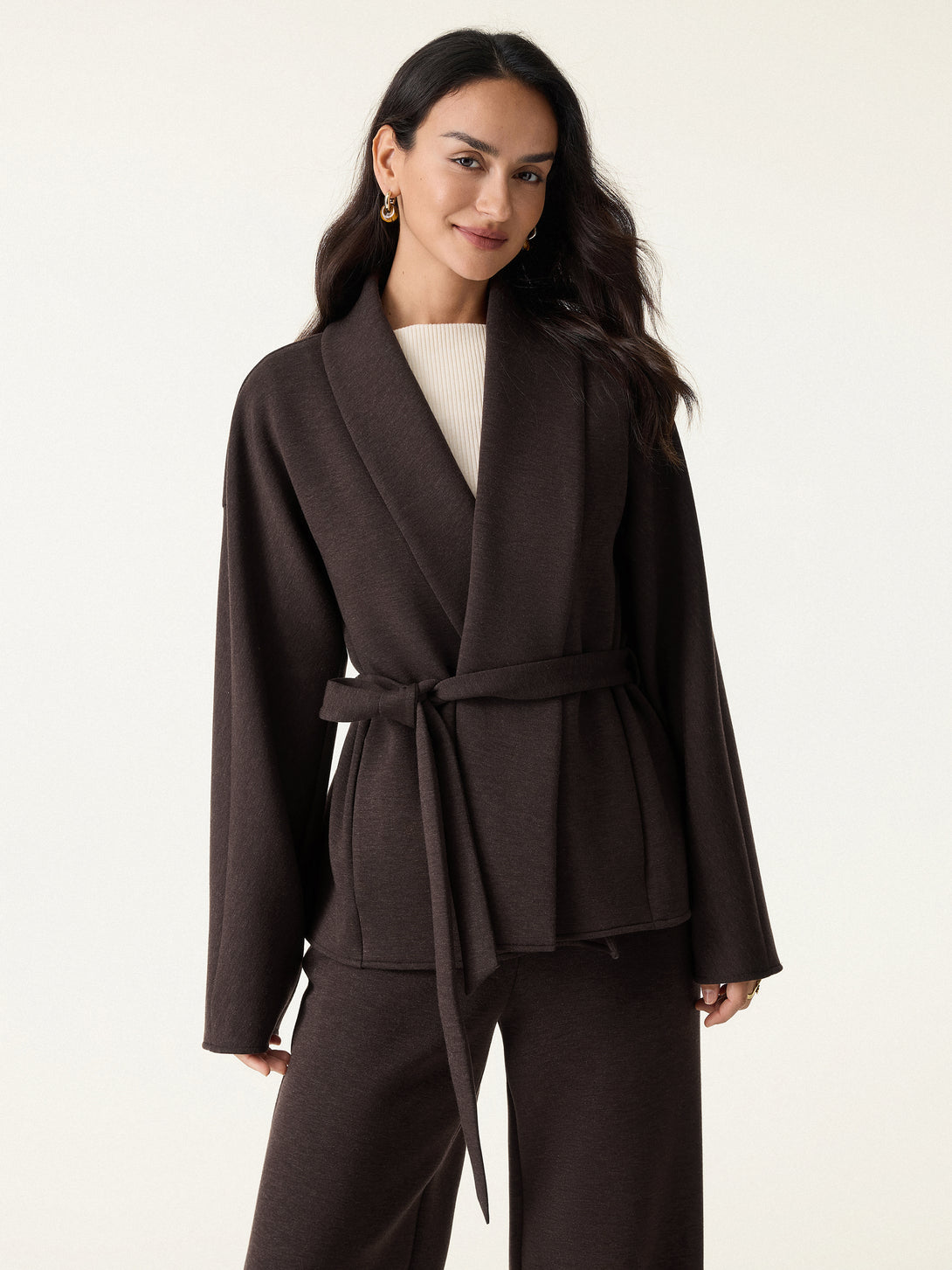 Timeless Shawl Neck Belted Outerwear with Pockets Espresso XS