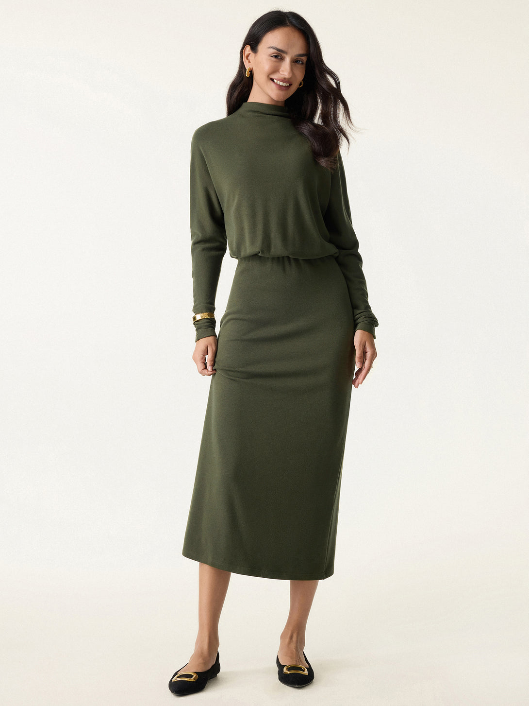 Mockneck Batwing Sleeve Cinched Waist Midi Dress Deep Olive XS