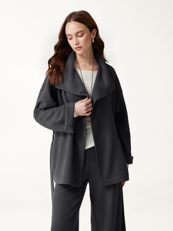 OGLmove FuzzLuxe Waterfall Lapel Belted Jacket with Pockets Deep Grey XXS