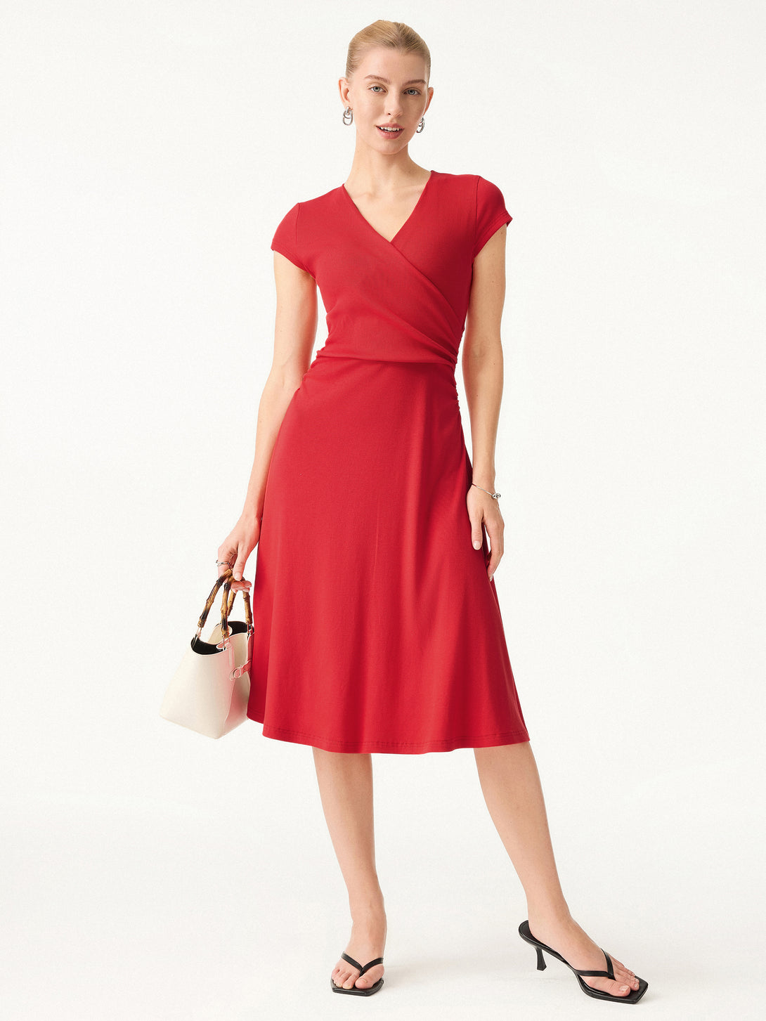 Stretch Cotton Surplice V-neck Cap Sleeve Midi Dress True Red XS