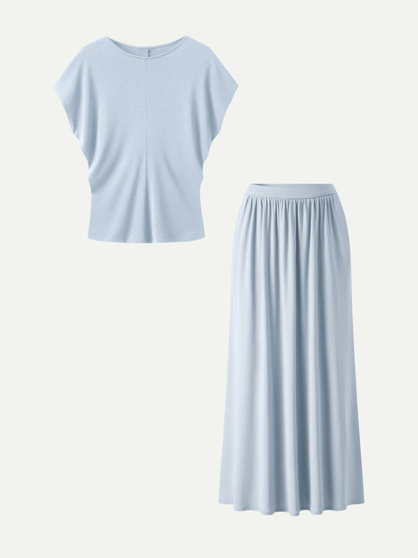 OGLmove 2Pcs Set Round Neck Top & A-Line Maxi Skirt with Pockets