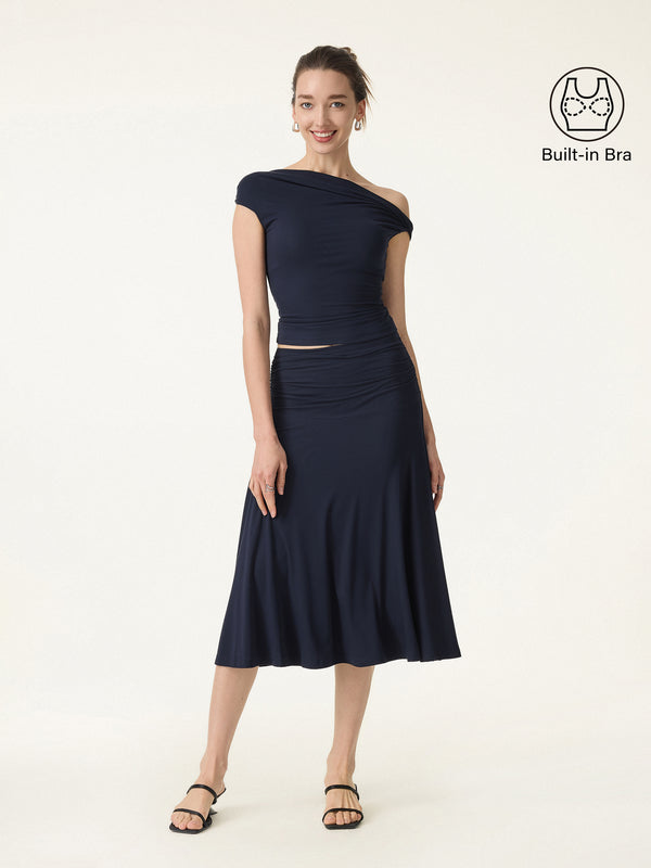 OGLmove 2Pcs Set Multi-wear Bra Top & Side Ruched A-line Midi Skirt Midnight Navy XXS