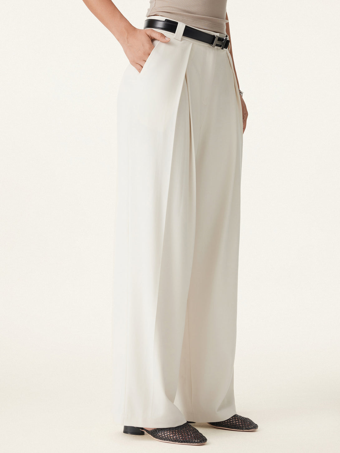 Tencel-Linen Pants Wrinkle-Free Tucked Wide Leg Trouser