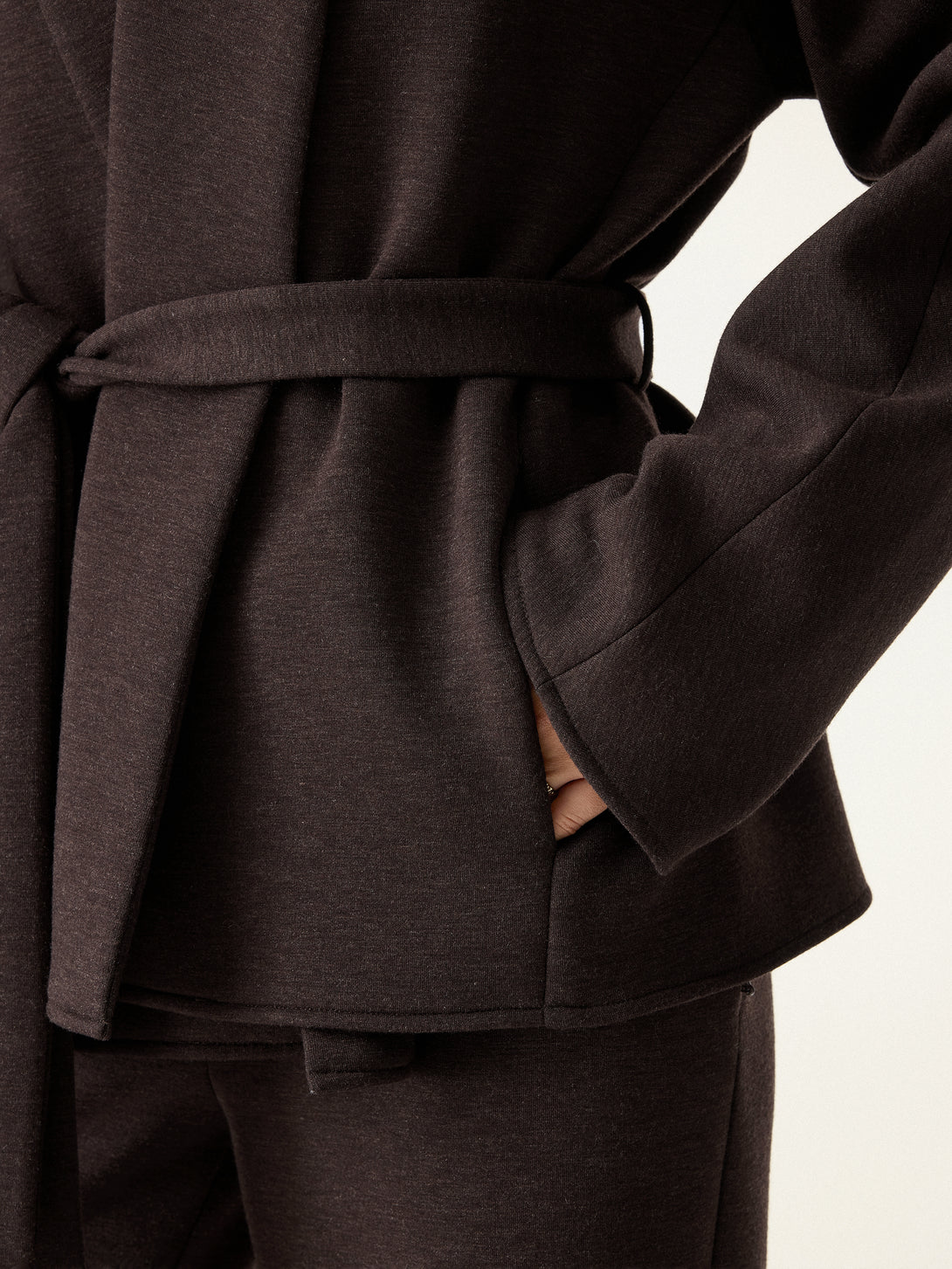 2Pcs Set Shawl Belted Outerwear & High Rise Straight Pull-on Pants with Pockets