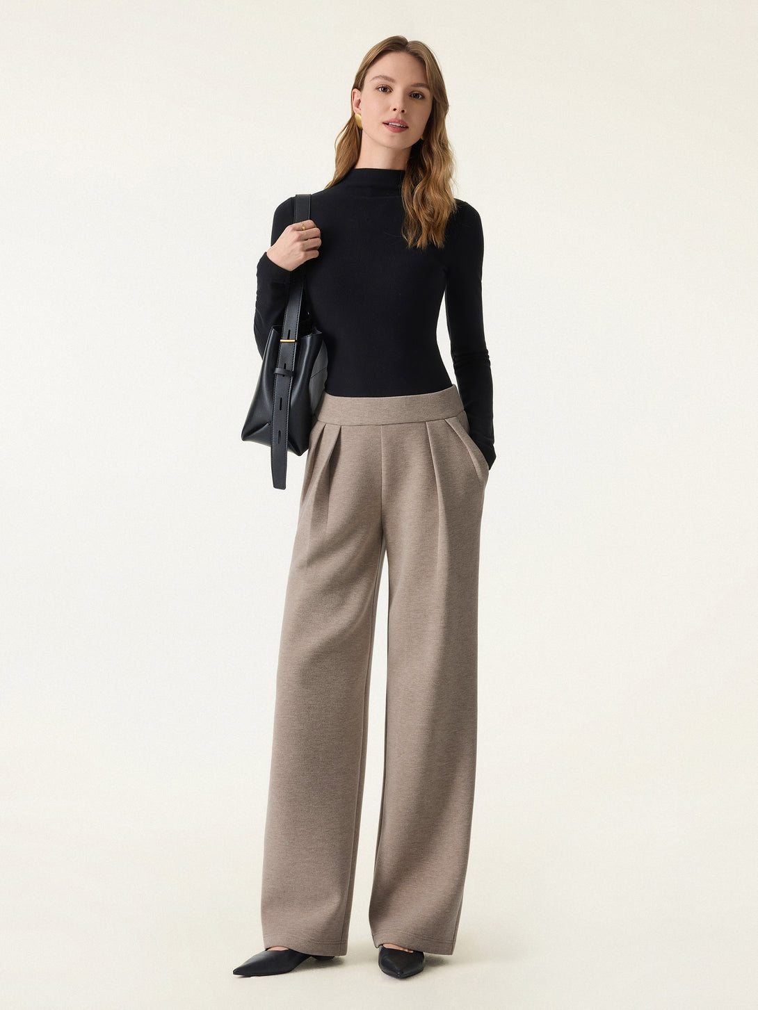 2Pcs Set Stand Collar Belted Coat & Mid Rise Straight Pull-on Pants with Pockets