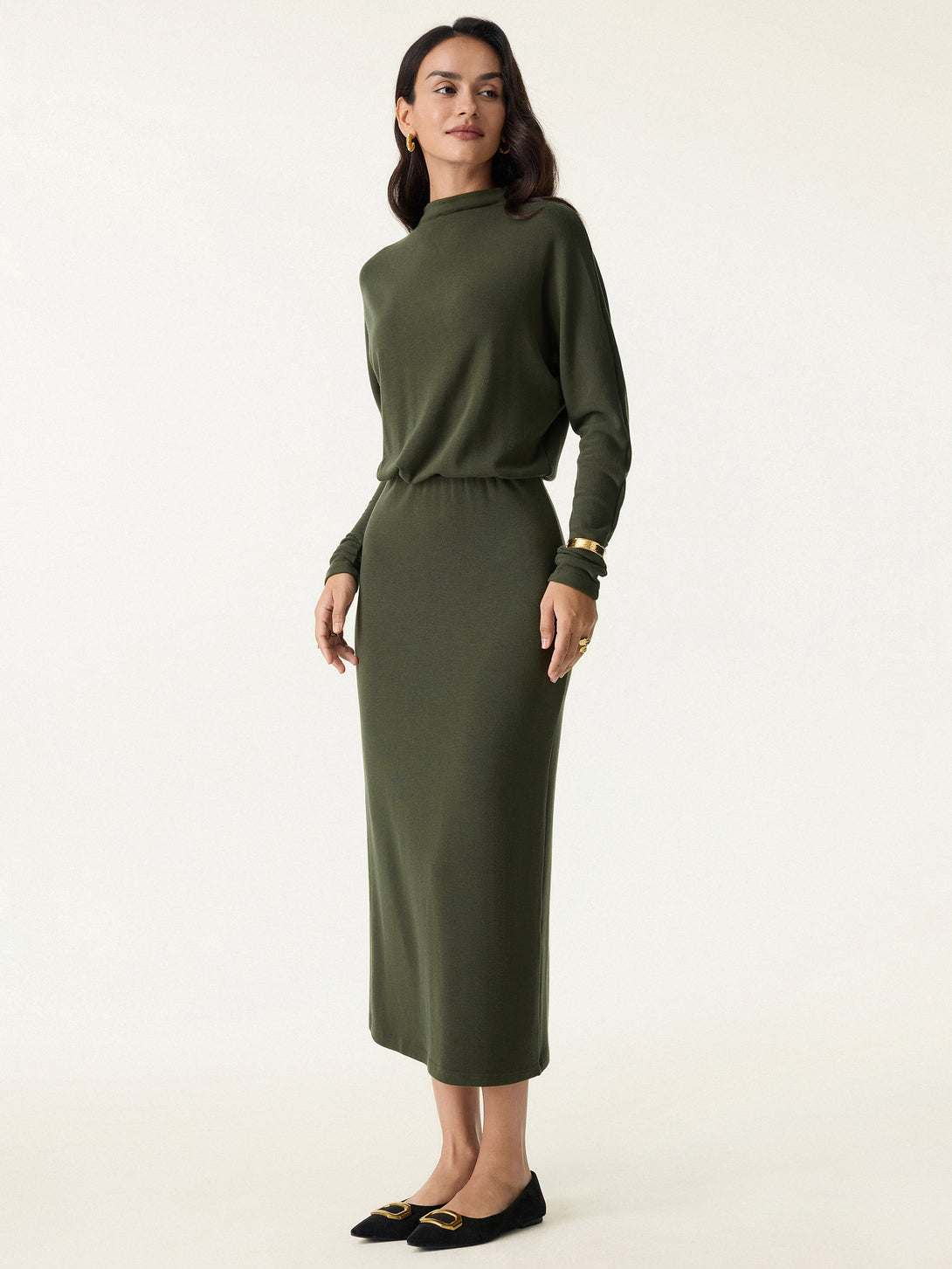 Mockneck Batwing Sleeve Cinched Waist Midi Dress