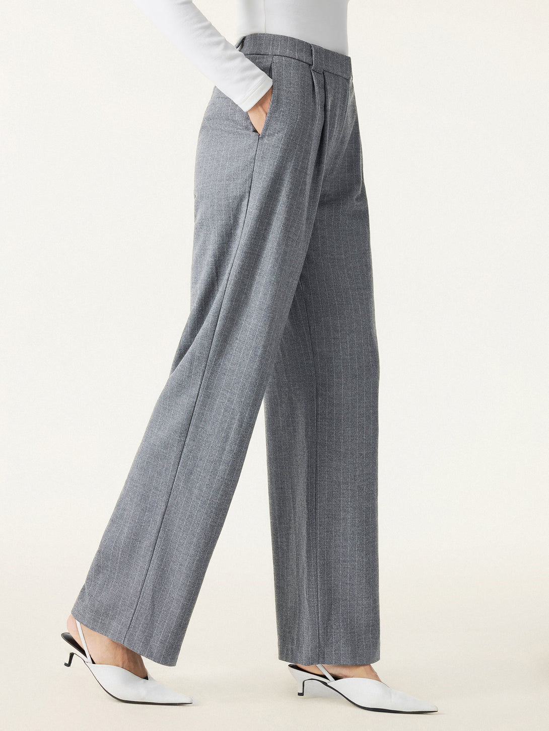 Stretch Striped Mid Rise Wide Leg Trousers with Pockets
