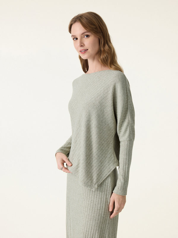 Wide Rib Boatneck Asymmetrical Long Sleeve Top