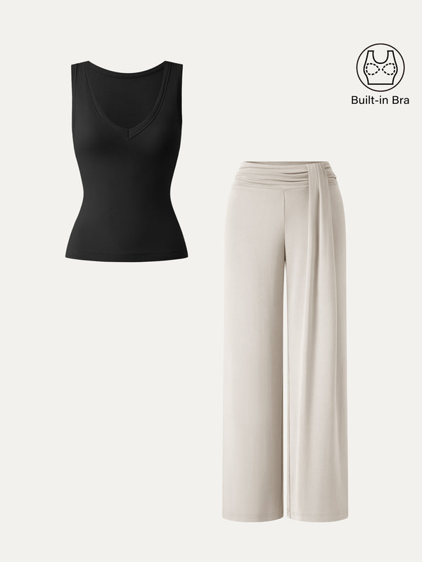 OGLmove 2Pcs Set V-neck Bra Tank & Mid-Rise Wide-Leg Lounge Pants