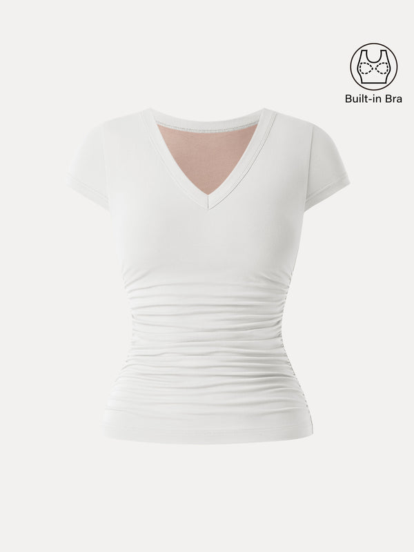 Elevated V-neck Side Ruched Cap Sleeve Brami Tee